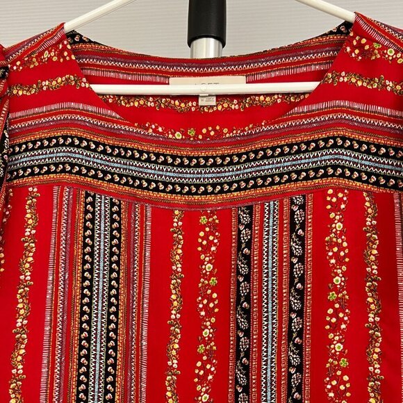 Loft Red Abstract Floral Stripe Scoop Neck Petal Short Sleeve Blouse Sz M - Picture 2 of 15